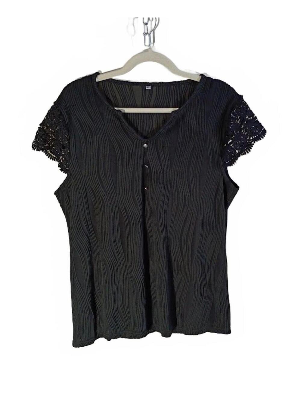 Black Textured Knit Top with Crochet Sleeves XL